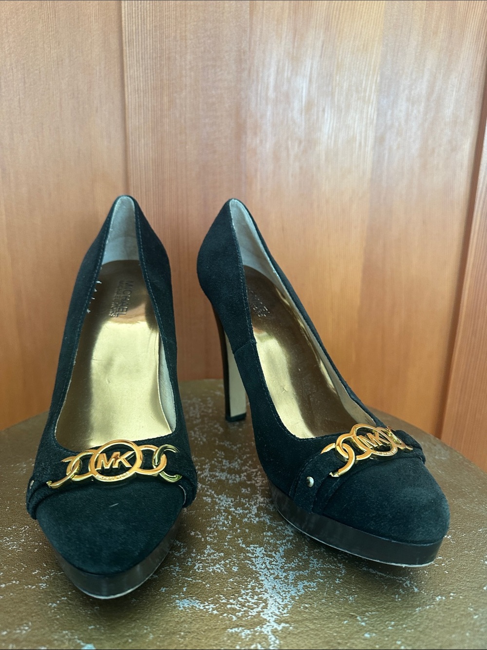 MICHAEL Michael Kors Black Suede Gold-Accent Platform Pumps